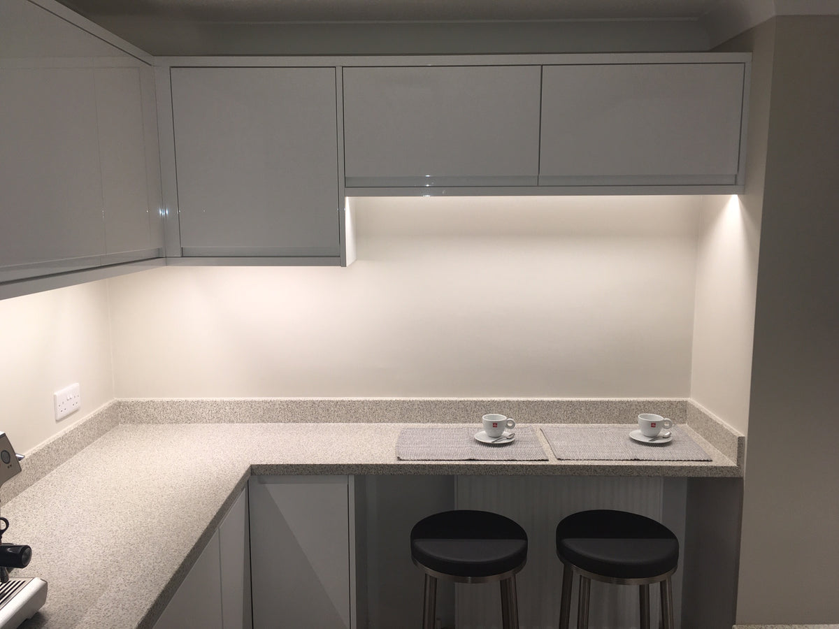 Low profile aluminium LED light mounted beneath a kitchen cabinet, super bright and slim