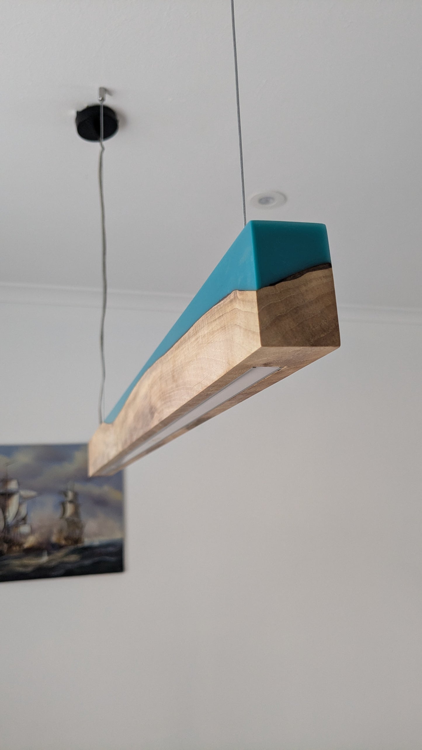 Linear LED Pendant Light | Italian Walnut with Turquoise Blue Resin