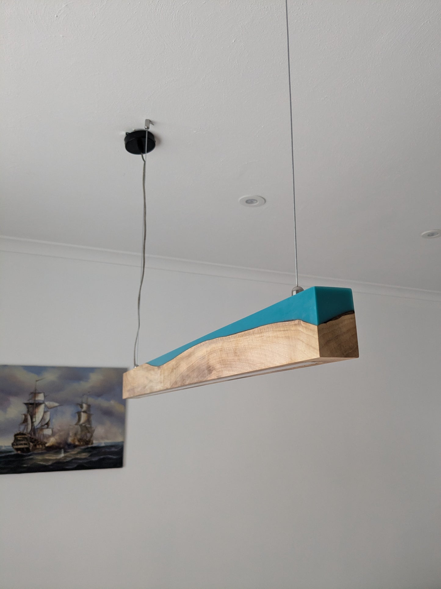 Linear LED Pendant Light | Italian Walnut with Turquoise Blue Resin