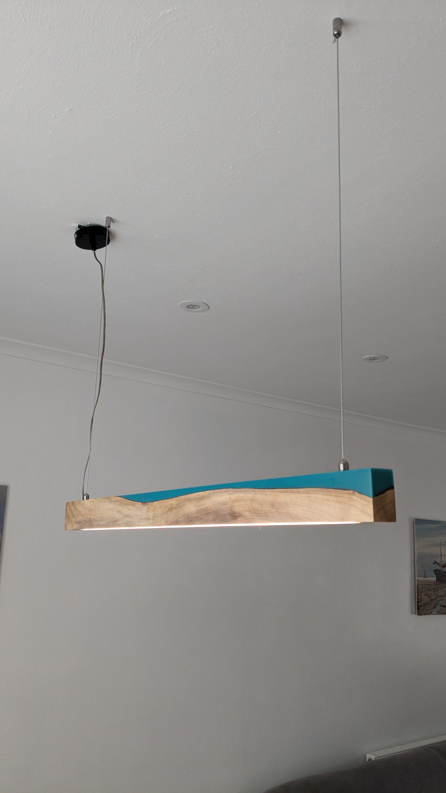 Linear LED Pendant Light | Italian Walnut with Turquoise Blue Resin