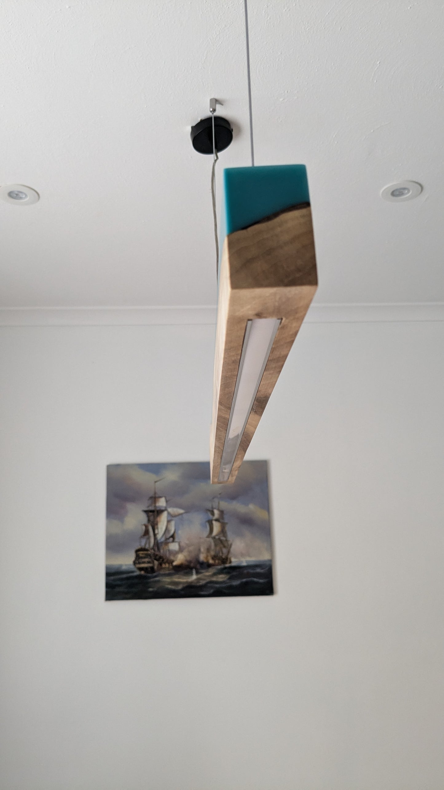 Linear LED Pendant Light | Italian Walnut with Turquoise Blue Resin