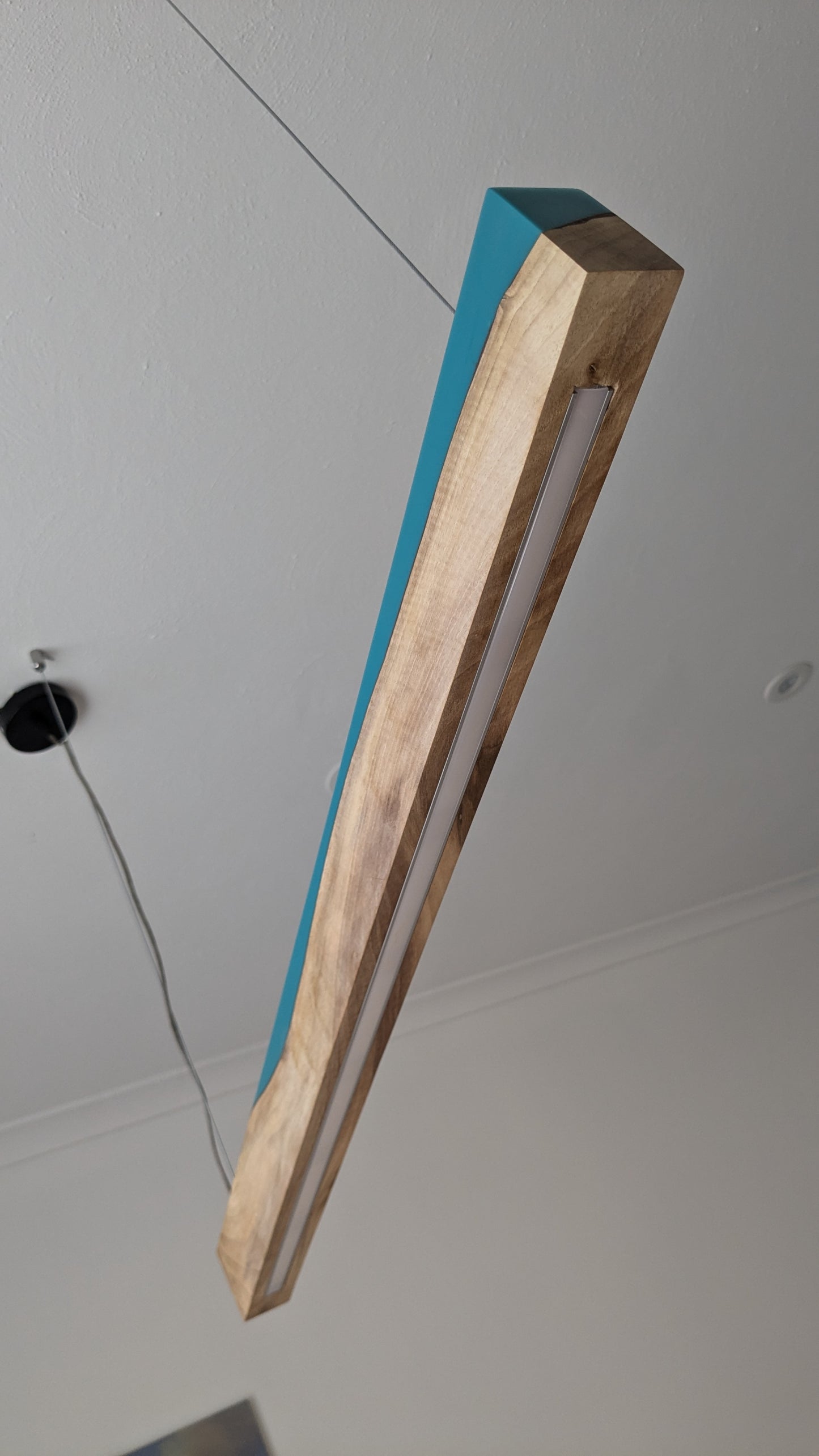 Linear LED Pendant Light | Italian Walnut with Turquoise Blue Resin