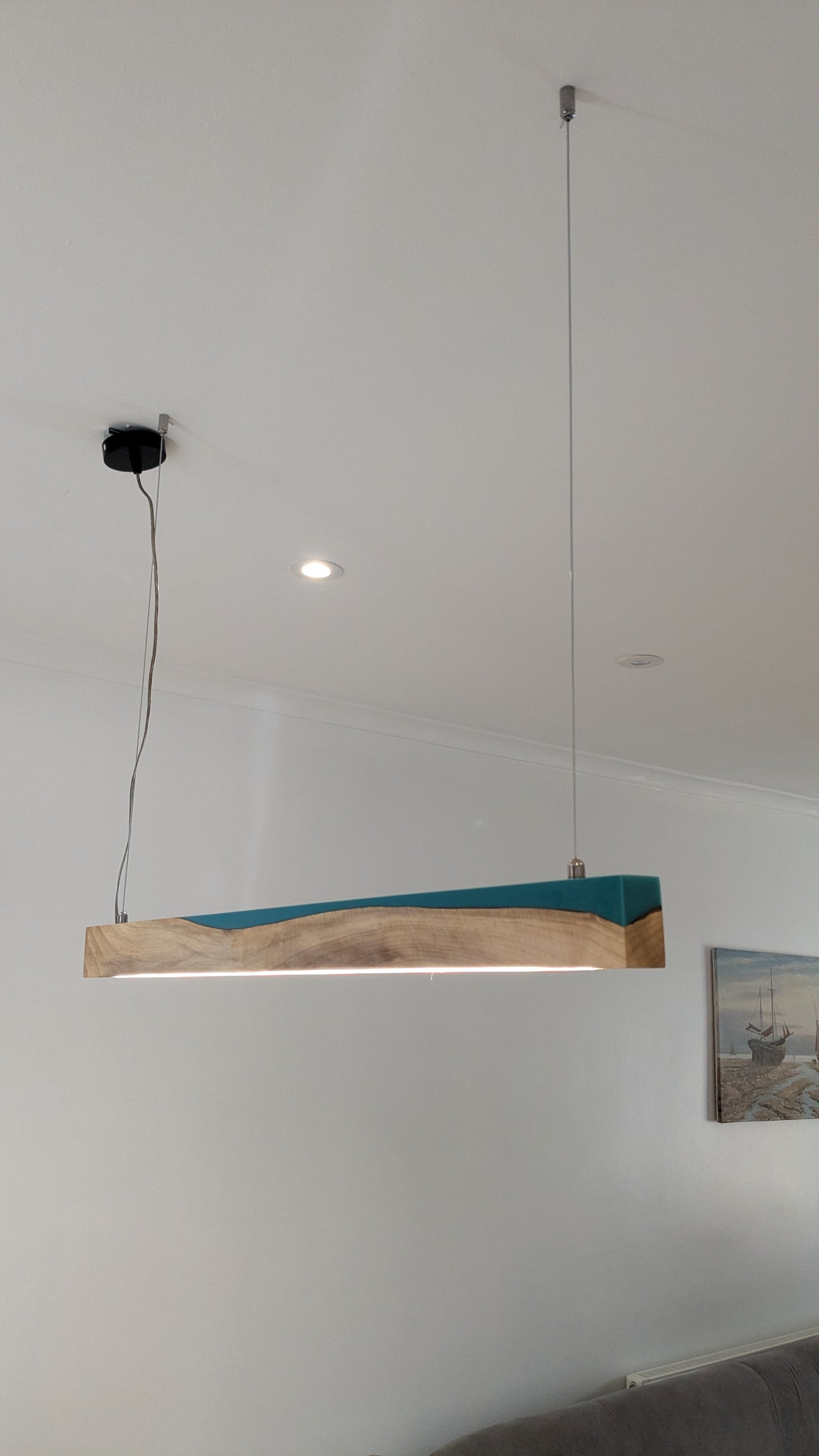 Linear LED Pendant Light | Italian Walnut with Turquoise Blue Resin