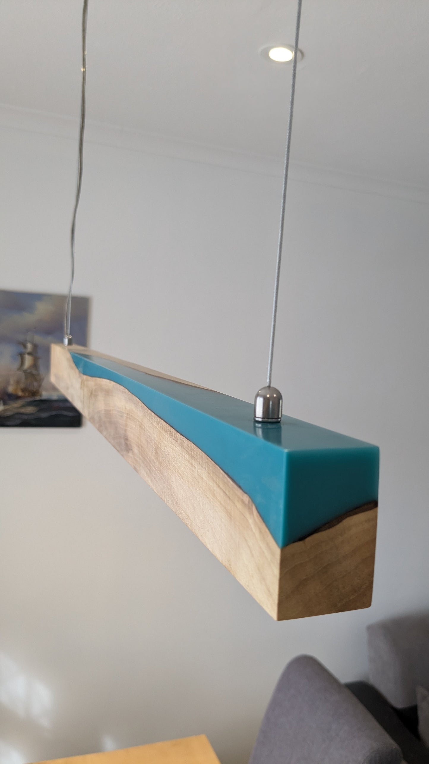 Linear LED Pendant Light | Italian Walnut with Turquoise Blue Resin