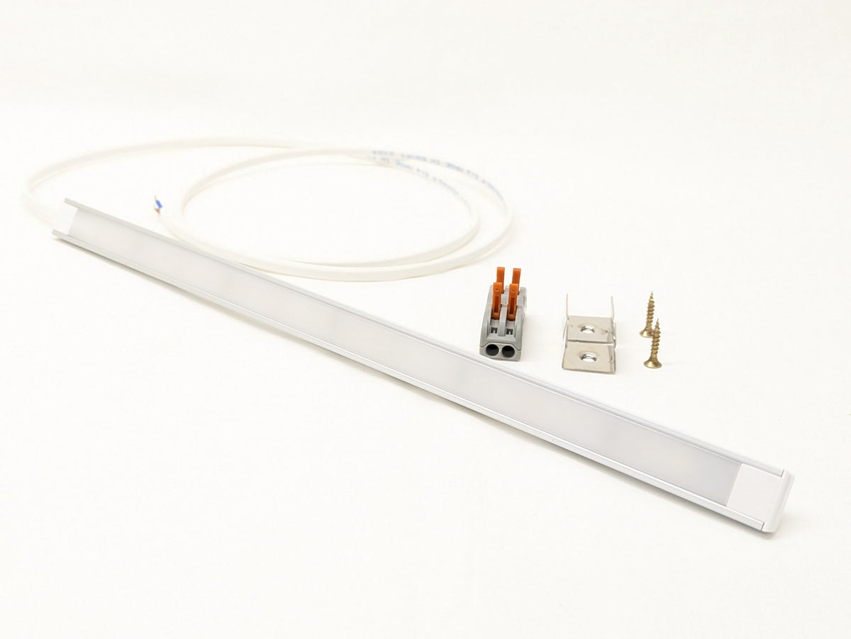 Slim 7mm LED strip fitted under a kitchen wall cabinet, bright 1400 lumens per metre