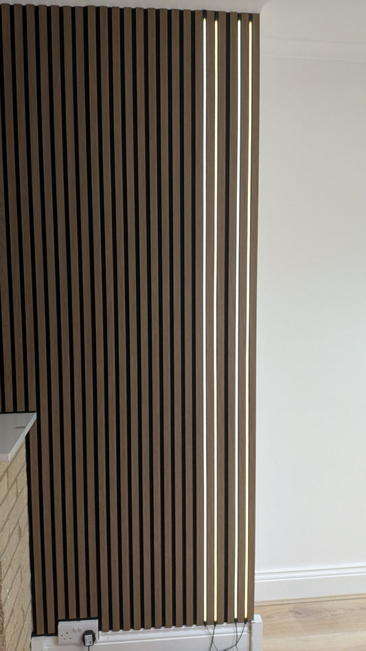 Invisible LED lighting kit for acoustic slat wall panels, plug and play