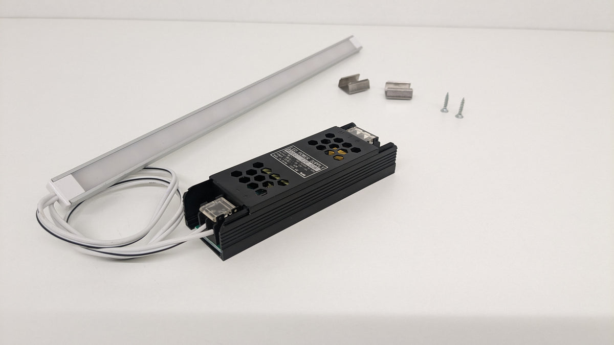 Slim aluminium LED under cabinet light, 16mm wide and 7mm tall, driver included